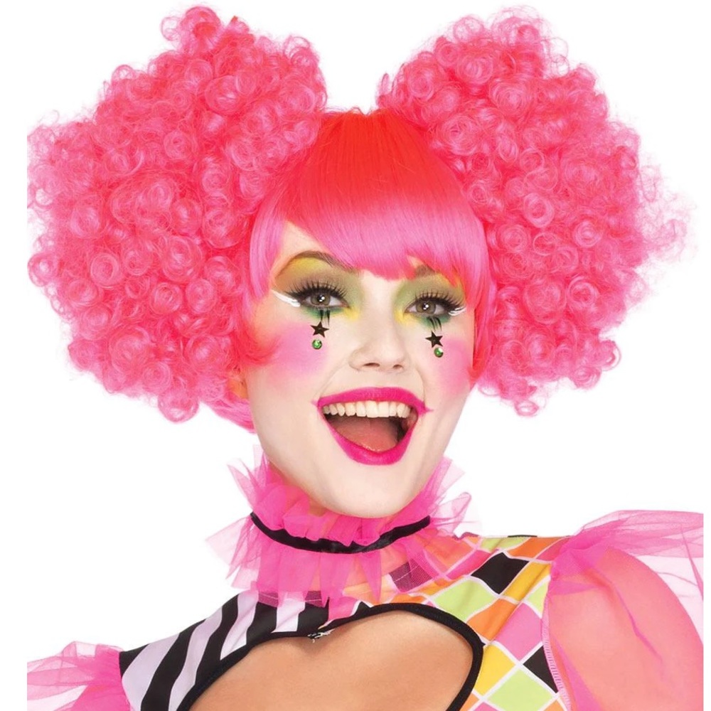 Leg Avenue Model 2673 | Neon Pink Harlequin Adult Curly Puff Wig For Halloween